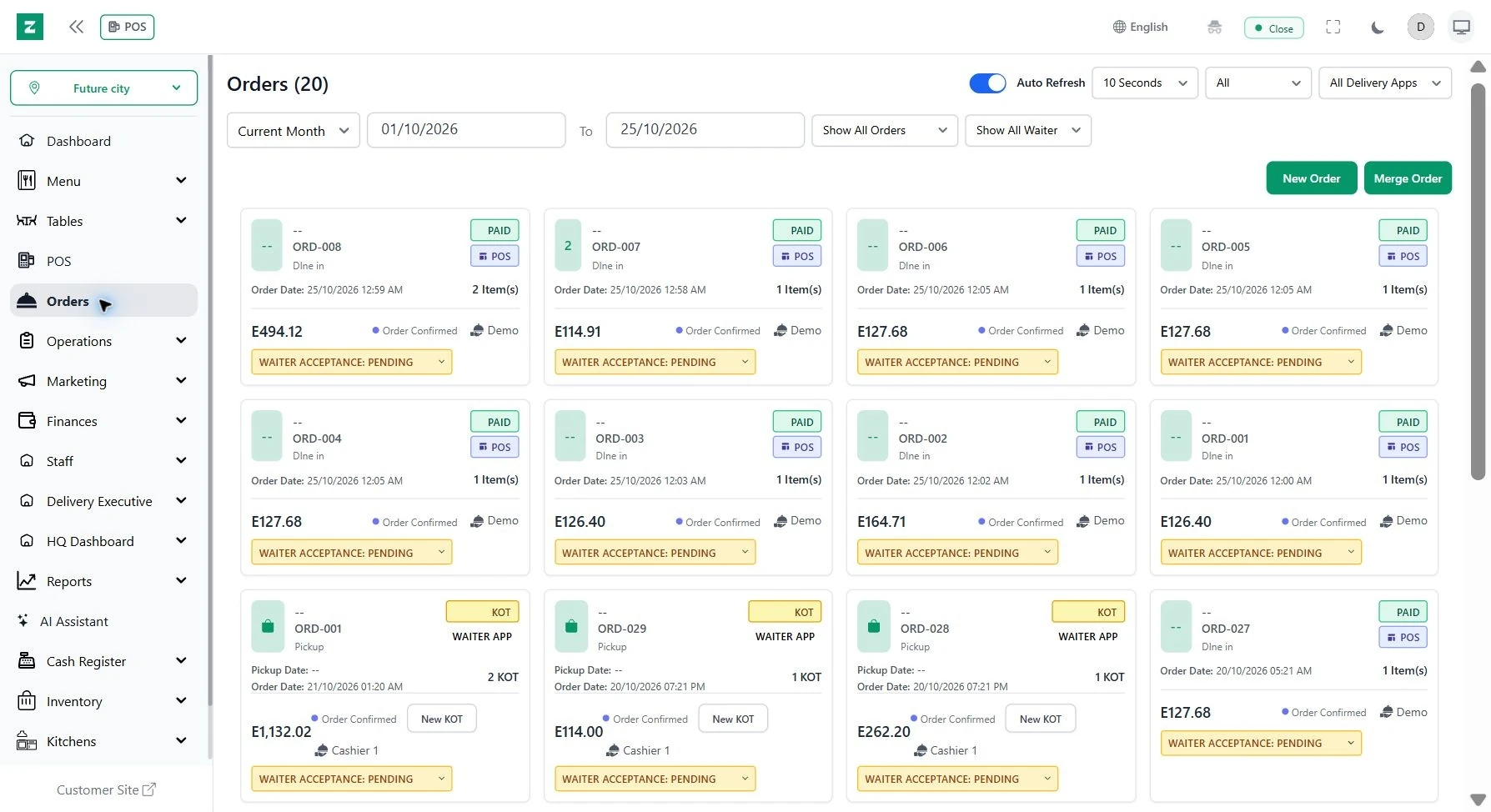 Orders from the counter and the waiter app in one live list